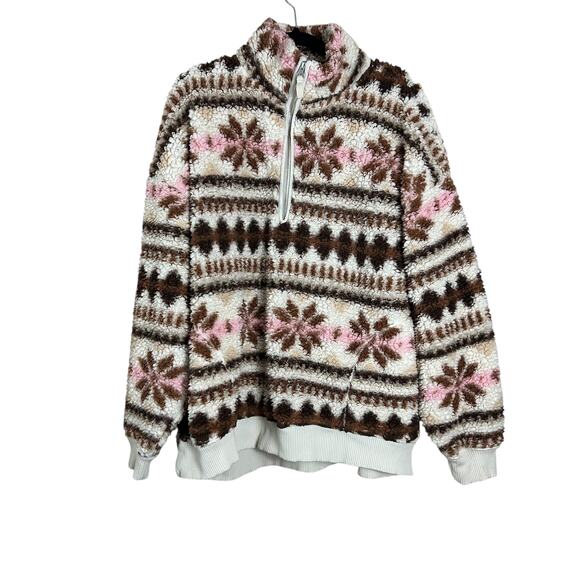 Aerie XL Hometown Holiday Quarter Zip Sweatshirt Brown Pink - Picture 1 of 8